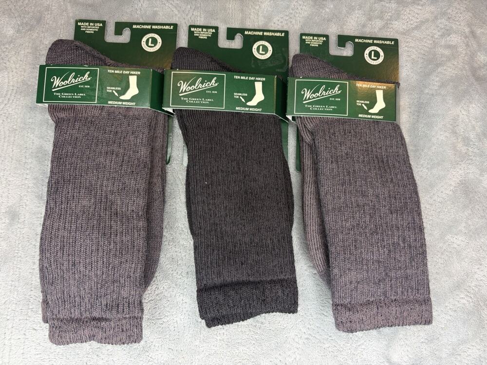 NEW Woolrich Ten Mile Day Hiker Socks 3 Packs 6 Pairs Grey And Black Large